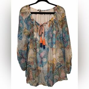 Tempo Paris Women’s Sz XL Colorful Paisley Viscose Women's Lined Top Tassels